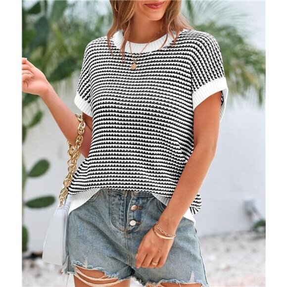 womens striped short sleeve knit sweater vest cap sleeve round neck top - Picture 4 of 7